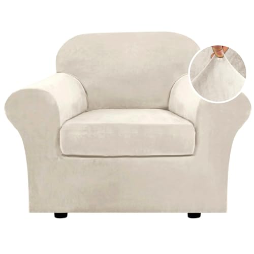 Rich Velvet Stretch 2 Piece Cover Chair Slipcover Sofa Cover Furniture Protector Couch Soft with Elastic Bottom Chair Couch Cover with Arms Width Up to 49 Inch (1 Cushion Chair / Ivory)