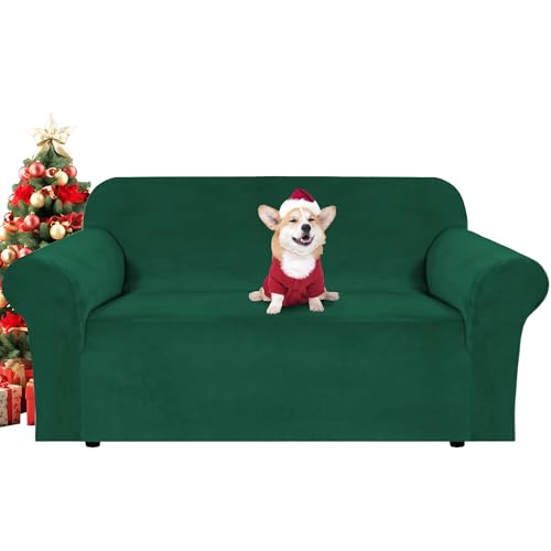 Stretch Velvet Loveseat Covers for 2 Cushion Couch Covers for Living Room Sofa Covers Slipcovers with Non Slip Straps Bottom (Christmas Green / Loveseat)