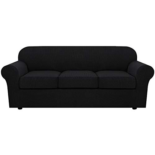 4 Piece Stretch Sofa Covers for 3 Cushion Couch Covers for Living Room Furniture Slipcovers (Large / Black)