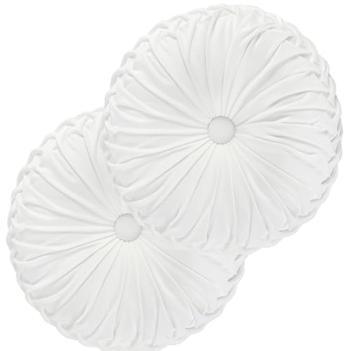 Set of 2 Off White Velvet Decorative Round Pleated Throw Pillows (Off White)
