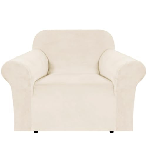 Stretch Velvet Armchair Cover Couch Covers 1 Cushion Chair Slipcover for Living Room Furniture Cover Crafted from Thick Comfy Rich Velour (Cream / Armchair)