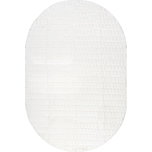 Nia White Geometric Washable Area Rug (Nia White / 5' x 7'6" (Oval))