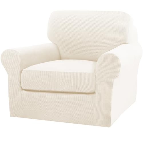 2 Piece Chair Covers Armchair Slipcovers for Living Room Armchair Sofa Cover with Individual Cushion Covers Feature Jacquard Fabric (Armchair (1 Cushion) / Cream)