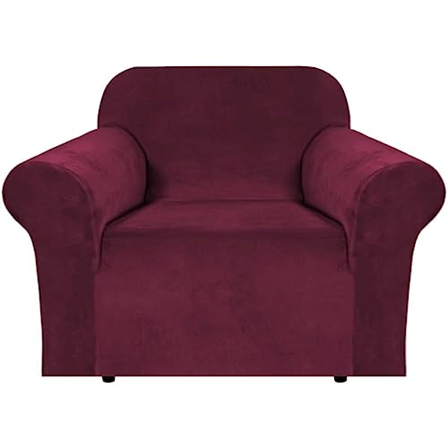 Stretch Velvet Armchair Cover Couch Covers 1 Cushion Chair Slipcover for Living Room Furniture Cover Crafted from Thick Comfy Rich Velour (Wine/Burgundy / Armchair)