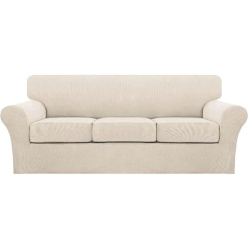 4 Piece Sofa Covers for 3 Cushion Couch Sofa Slipcover Soft Couch Cover for Dogs Washable Furniture Cover with 3 Individual Large Cushion Covers Feature Fabric (L Sofa (3 Cushion) / Biscotti Beige)