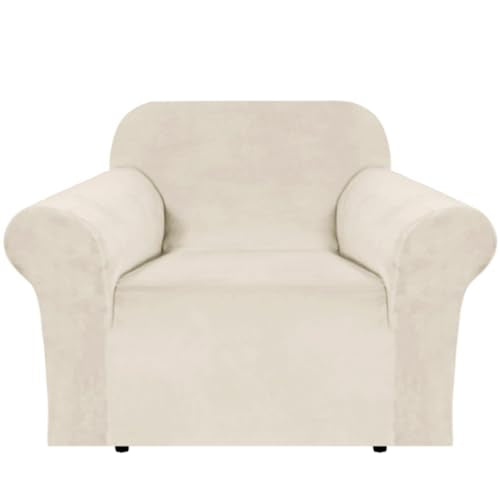 Stretch Velvet Armchair Cover Couch Covers 1 Cushion Chair Slipcover for Living Room Furniture Cover Crafted from Thick Comfy Rich Velour (Ivory / Armchair)