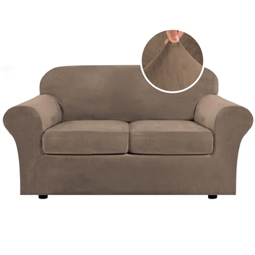 Real Velvet Plush 3 Piece Stretch Sofa Covers Couch Covers for 2 Cushion Couch Loveseat Covers Width Up to 72 Inch Feature Thick Soft Stay in Place (2 Cushion Loveseat / Mocha)