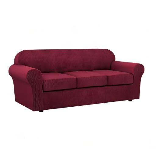 4 Piece Stretch Sofa Covers for 3 Cushion Couch Covers for Living Room Furniture Slipcovers (Large / Burgundy)