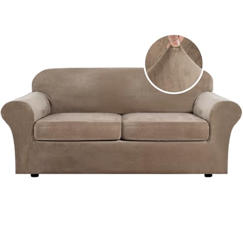 Real Velvet Plush 3 Piece Stretch Sofa Covers Couch Covers for 2 Cushion Couch Sofa Slipcovers Width Up to 90 Inch Feature Thick Soft Stay in Place (2 Cushion Sofa / Camel)
