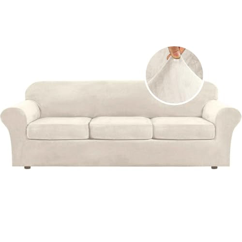 Modern Velvet Plush 4 Piece High Stretch Sofa Slipcover Furniture Protector Form Fit Luxury Thick Velvet Extra Large Sofa Cover for 3 Cushion Couch Width Up to 105 Inch (3 Cushion XL Sofa / Ivory)