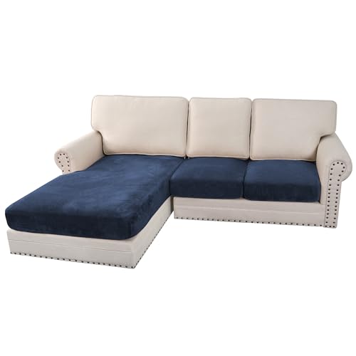 Velvet Stretch Sectional Couch Covers 3 Pieces Sofa Seat Cushion Covers L Shape Separate Cushion Couch Chaise Cover for Both Left (Navy / 2 Seater + Chaise)