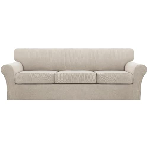 4 Piece Sofa Covers for 3 Cushion Couch Sofa Slipcover Soft Couch Cover for Dogs Washable Furniture Cover with 3 Individual Large Cushion Covers Feature Fabric (L Sofa (3 Cushion) / Island Fossi)