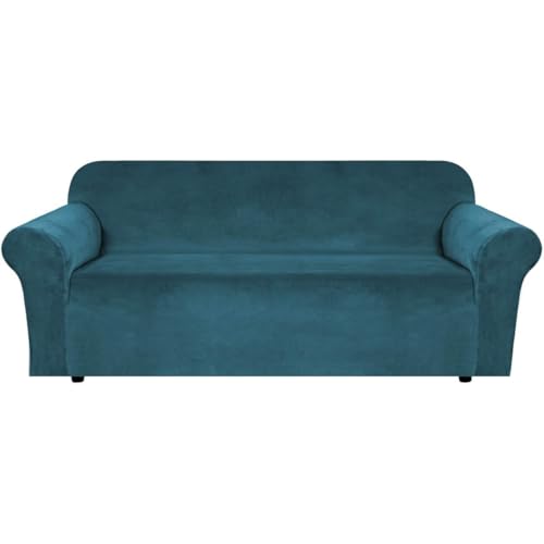 Stretch Velvet Sofa Covers for 3 Cushion Couch Covers Furniture Protector Soft with Non Slip Elastic Bottom (Deep Teal / Sofa L)