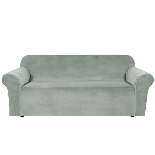 1 Peice Stretch Velvet Sofa Covers for 3 Cushion Couch Covers Sofa Slipcovers Furniture Protector Soft (Sea Grass / Sofa)