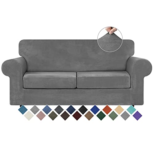 Velvet Stretch 3 Pieces Couch Cover for Sofa Washable (Medium / Light Grey)