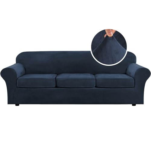 Velvet 4 Piece High Stretch Sofa Slipcover Sofa Cover Furniture Protector Form Fit Luxury Thick Velvet Extra Large Sofa Cover for 3 Cushion Couch Width Up to 105 Inch (3 Cushion XL Sofa / Navy)