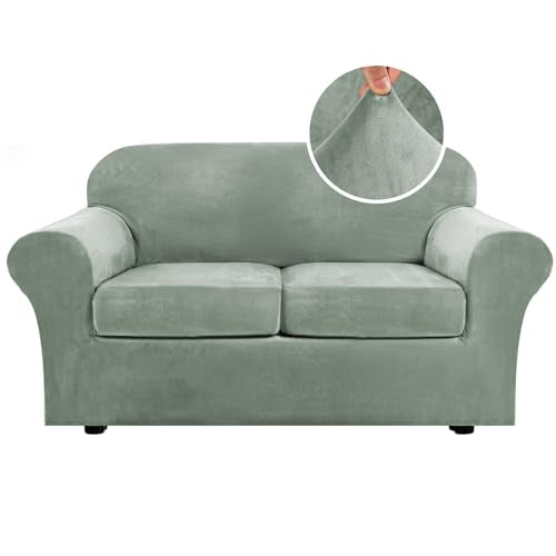 Real Velvet Plush 3 Piece Stretch Sofa Covers Couch Covers for 2 Cushion Couch Loveseat Covers Width Up to 72 Inch Thick Stay in Place (2 Cushion Loveseat / Sea Grass)