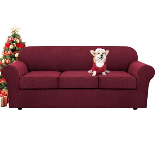 4 Piece Stretch Sofa Covers for 3 Cushion Couch Covers for Living Room Furniture Slipcovers (Large / Burgundy)