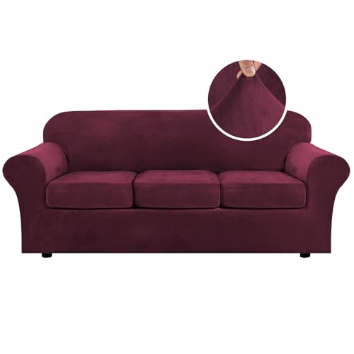 High Stretch Sofa Slipcover 4 Piece Cover Velvet Furniture Protector Form Fit Thick Velvet Extra Large Sofa Cover for 3 Cushion Couch Width Up to 97 Inch (3 Cushion Large Sofa / Wine/Burgundy)