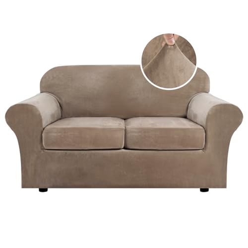 Real Velvet Plush 3 Piece Stretch Sofa Covers Couch Covers for 2 Cushion Couch Loveseat Covers Width Up to 72 Inch Feature Thick Soft Stay in Place (2 Cushion Loveseat / Camel)