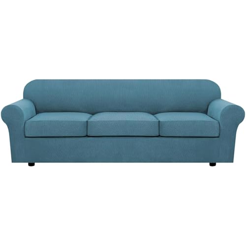 4 Piece Stretch Sofa Covers for 3 Cushion Couch Covers for Living Room Furniture Slipcovers (Large Plus / Storm Blue)