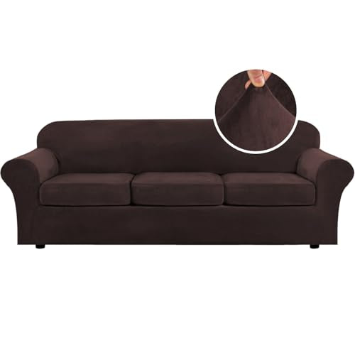 High Stretch Sofa Slipcover 4 Piece Cover Velvet Furniture Protector Form Fit Thick Velvet Extra Large Sofa Cover for 3 Cushion Couch Width Up to 97 Inch (3 Cushion Large Sofa / Brown)