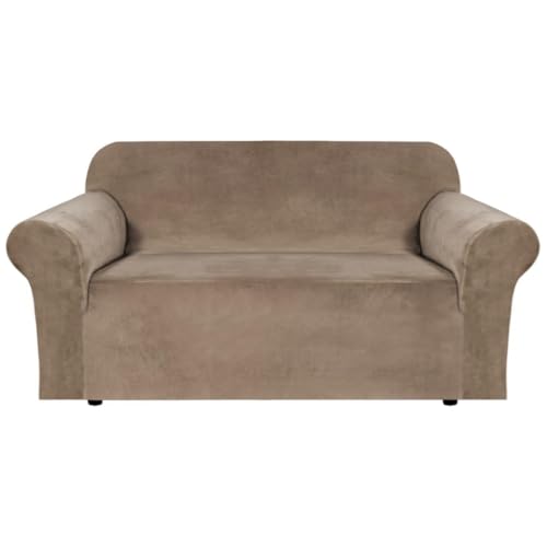 Stretch Velvet Loveseat Covers for 2 Cushion Couch Covers for Living Room Sofa Covers Slipcovers with Non Slip Straps Bottom (Camel / Loveseat)