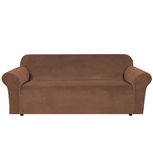 1 Peice Stretch Velvet Sofa Covers for 3 Cushion Couch Covers Sofa Slipcovers Furniture Protector Soft (Caramel Cafe / Sofa)