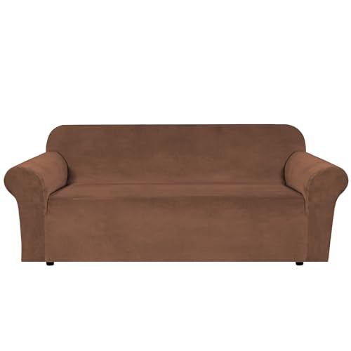Stretch Velvet Sofa Covers Large Couch Covers Sofa Slipcovers Furniture Protector with Non Slip Elastic Bottom Feature Thick Comfy Rich Velour (Caramel Cafe / XL Sofa)