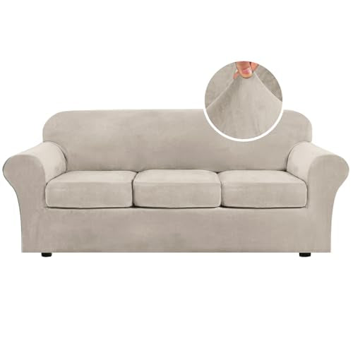 Modern Velvet Plush 4 Piece High Stretch Sofa Slipcover Sofa Cover Furniture Protector Form Fit Thick Velvet Sofa Cover for 3 Cushion Couch Width Up to 90 Inch (3 Cushion Sofa / French Oak)