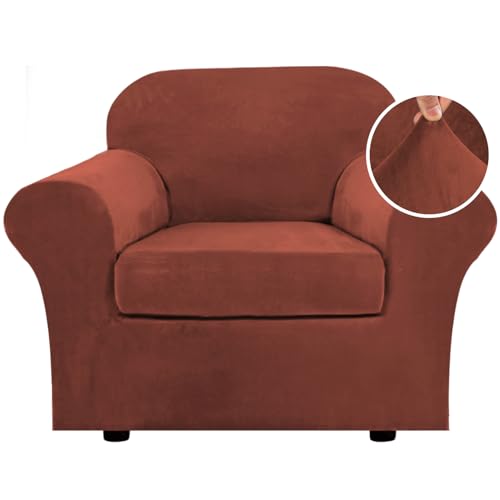 Rich Polyester and Spandex 2 Piece Cover Chair Slipcover Sofa Cover Furniture Protector Couch Soft with Elastic Bottom Chair Couch Cover with Arms (1 Cushion Chair / Rust)