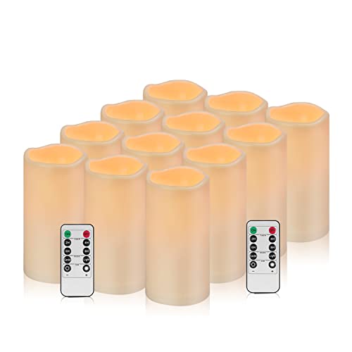 Flameless Candles 4" 5" 6" Outdoor Indoor Pillars Battery Operated Flickering Candles Include 10 (Ivory Candle - Warm light / 3"D x 6" H - 12 Pack)