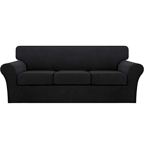 4 Piece Sofa Covers for 3 Cushion Couch Sofa Slipcover Soft Couch Cover for Dogs Washable Furniture Cover with 3 Individual Large Cushion Covers Feature Fabric (L Sofa (3 Cushion) / Black)