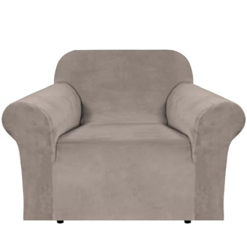 Stretch Velvet Armchair Cover Couch Covers 1 Cushion Chair Slipcover for Living Room Furniture Cover Crafted from Thick Comfy Rich Velour (Taupe / Armchair)