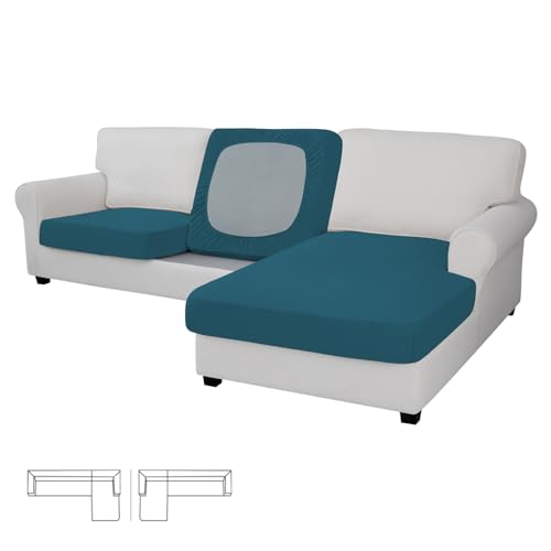Stretch 3 Pieces Couch Cushion Covers for Sectional Sofa Left (2 Seater + 1 Chaise / Peacock Blue)