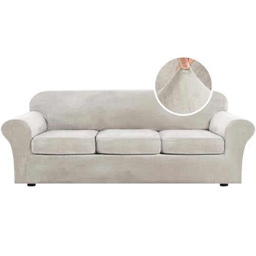 High Stretch Sofa Slipcover 4 Piece Cover Velvet Furniture Protector Form Fit Thick Velvet Extra Large Sofa Cover for 3 Cushion Couch Width Up to 97 Inch (3 Cushion Large Sofa / Oatmeal)