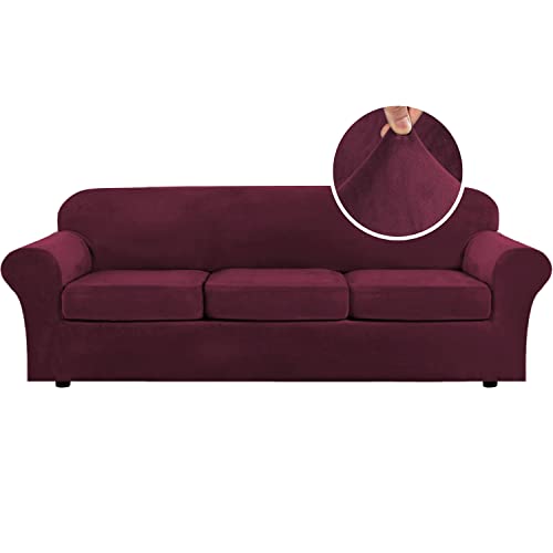 Velvet 4 Piece High Stretch Sofa Slipcover Cover Furniture Protector Form Fit Thick Velvet Extra Large Sofa Cover for 3 Cushion Couch Width Up to 105 Inch (3 Cushion XL Sofa / Wine/Burgundy)