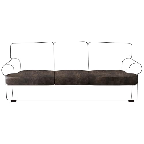 Leather Look Couch Cushion Covers Sofa Seat Slipcovers Sets Couches Furniture Protector for Sectional Armchair Loveseat Pets Kids Stretch Spandex Fabric (3 T-Cushion Sofa / Brown)