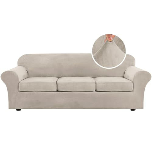 High Stretch Sofa Slipcover 4 Piece Cover Velvet Furniture Protector Form Fit Thick Velvet Extra Large Sofa Cover for 3 Cushion Couch Width Up to 97 Inch (3 Cushion Large Sofa / French Oak)