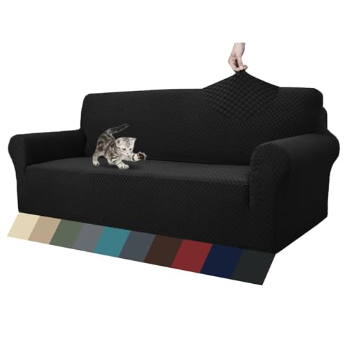 1 Piece Jacquard Couch Covers for 3 Cushion Couch Living Room High Stretch Sofa Cover Pets Dogs Friendly Anti Slip Thickened Slipcovers Furniture Protector (Large (71"-90") / Black)