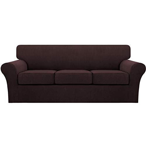 4 Piece Sofa Covers for 3 Cushion Couch Sofa Slipcover Soft Couch Cover for Dogs Washable Furniture Cover with 3 Individual Large Cushion Covers Feature Fabric (L Sofa (3 Cushion) / Brown)