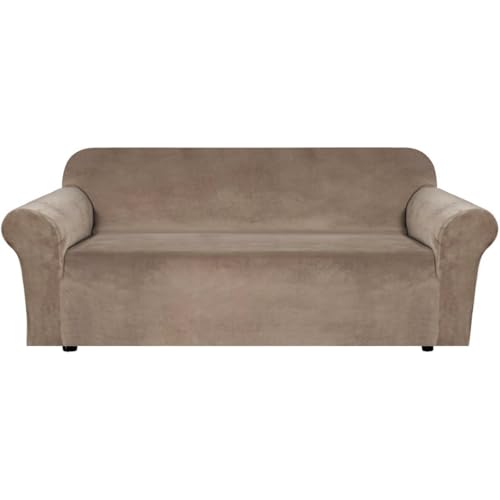 Stretch Velvet Sofa Covers for 3 Cushion Couch Covers Sofa Slipcovers Furniture Protector Soft with Non Slip Elastic Bottom (Camel / Sofa)