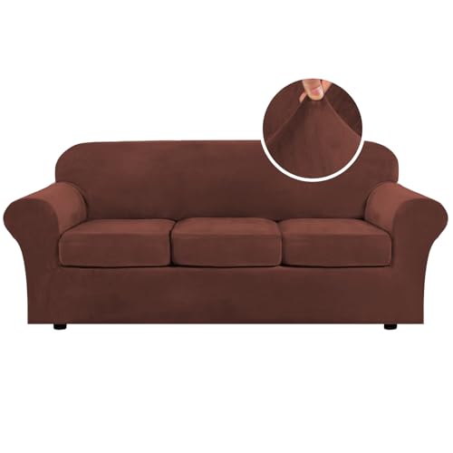 Modern Velvet Plush 4 Piece High Stretch Sofa Slipcover Sofa Cover Furniture Protector Form Fit Thick Velvet Sofa Cover for 3 Cushion Couch Width Up to 90 Inch (3 Cushion Sofa / Burnt Brick)
