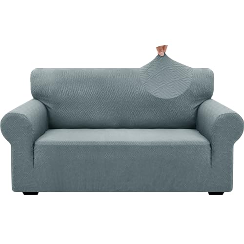 1 Piece Jacquard Couch Covers for 2 Cushion Couch High Stretch Loveseat Slipcover for Pets Dogs Anti Slip Love Seat Sofa Slipcover Furniture Protector (Medium (55"-69") / New Pattern Light Grey)