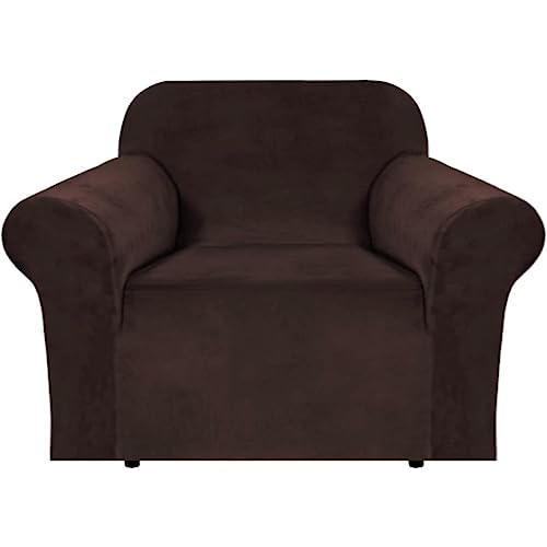 Stretch Velvet Armchair Cover Couch Covers 1 Cushion Chair Slipcover for Living Room Furniture Cover Crafted from Thick Comfy Rich Velour (Chocolate / Armchair)