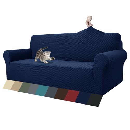 1 Piece Jacquard Couch Covers for 3 Cushion Couch Living Room High Stretch Sofa Cover Pets Dogs Friendly Anti Slip Thickened Slipcovers Furniture Protector (Large (71"-90") / Navy Blue)