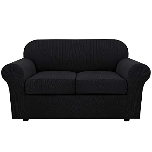 3 Piece Stretch Sofa Covers for 2 Cushion Loveseat Couch Covers for Living Room Furniture Cover (Medium / Black)