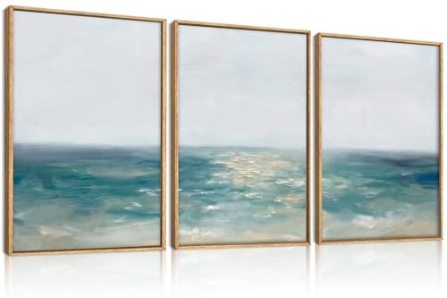 Large Abstract Blue Coastal Framed Canvas Wall Art Set (Abstract Blue Coastal Wall Art / 16"Lx24"W)