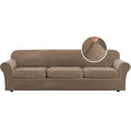 Modern Velvet Plush 4 Piece High Stretch Sofa Slipcover Furniture Protector Form Fit Velvet Extra Large Sofa Cover for 3 Cushion Couch Width Up to 105 Inch (3 Cushion XL Sofa / Mocha)