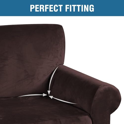 Stretch Velvet Sofa Covers for 3 Cushion Couch Covers Furniture Protector Soft with Non Slip Elastic Bottom (Chocolate / Sofa L)